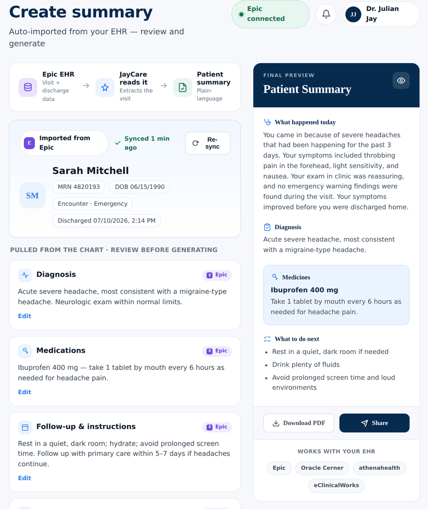 JayCare create summary, pulled from your EHR